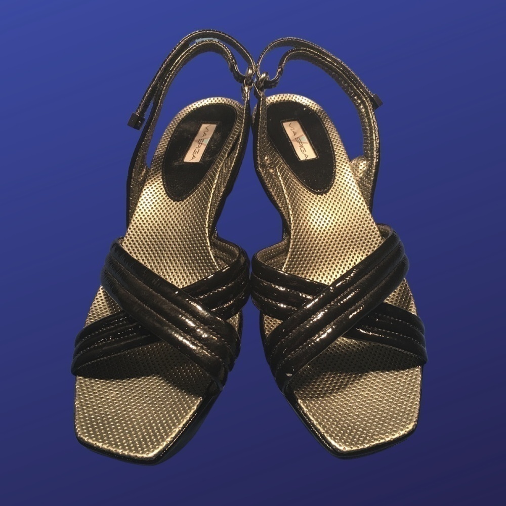 VIA SPIGA Faux Patent Leather Platform Wedge Sandal, GLOSS BLACK, Size 8.5,NWOB*